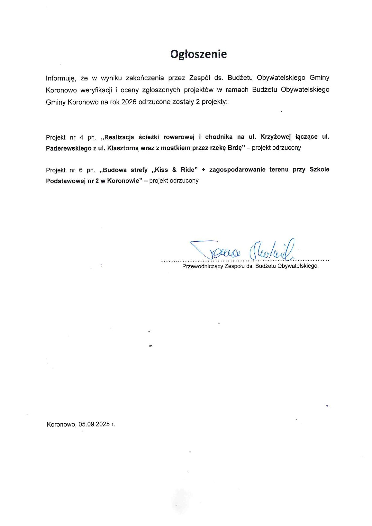 Informacja o odrzuconych projektach w ramach Budzetu Obywatelskiego