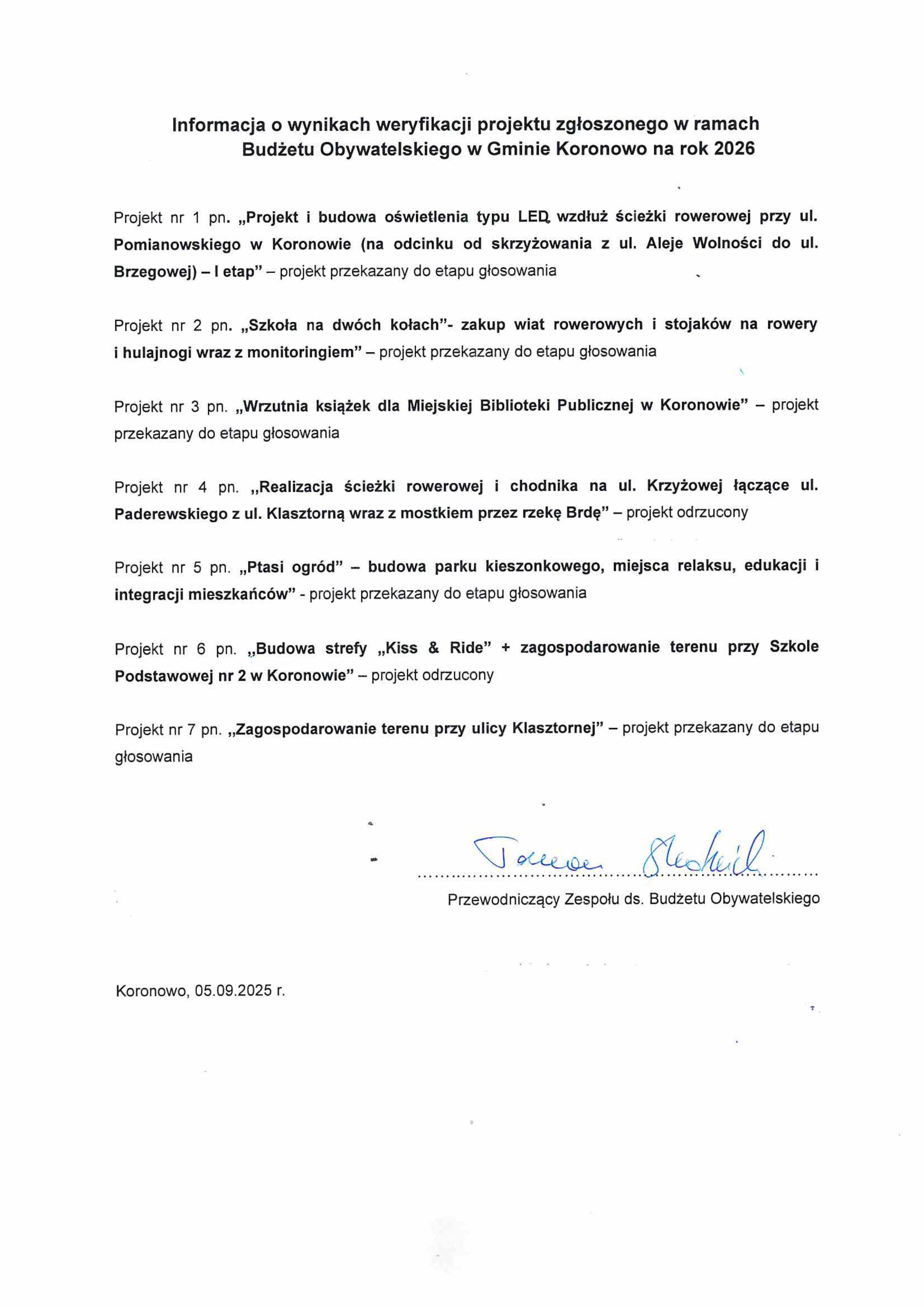 Informacja o wynikach weryfikacji projektu zgloszonego w ramach Budzetu Obywatelskiego