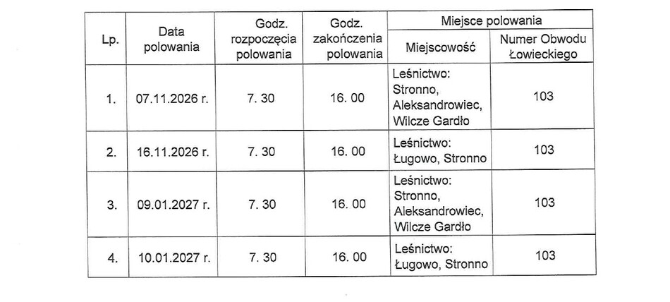 Obwieszczenie z dnia 15.10.2026 r. o polowaniach zbiorowych Kola lowieckiego nr 18 Partyzant pages to jpg 0001