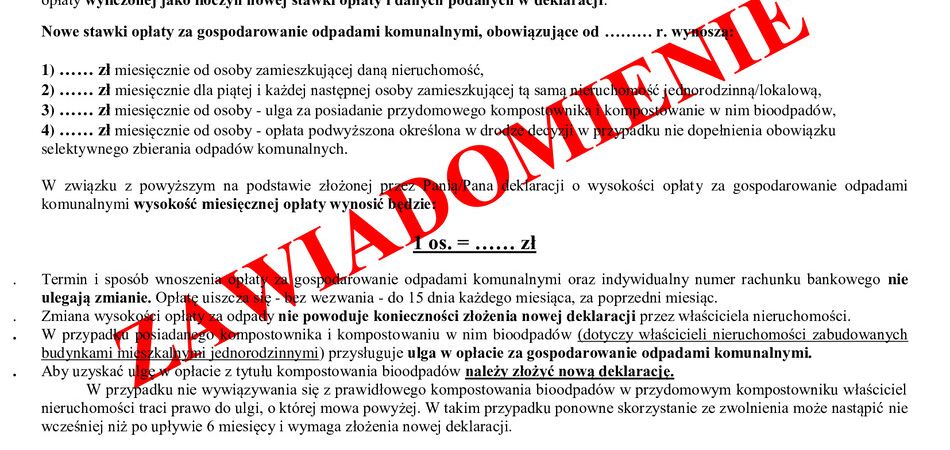 Zmiana wysokości opłaty za odpady !